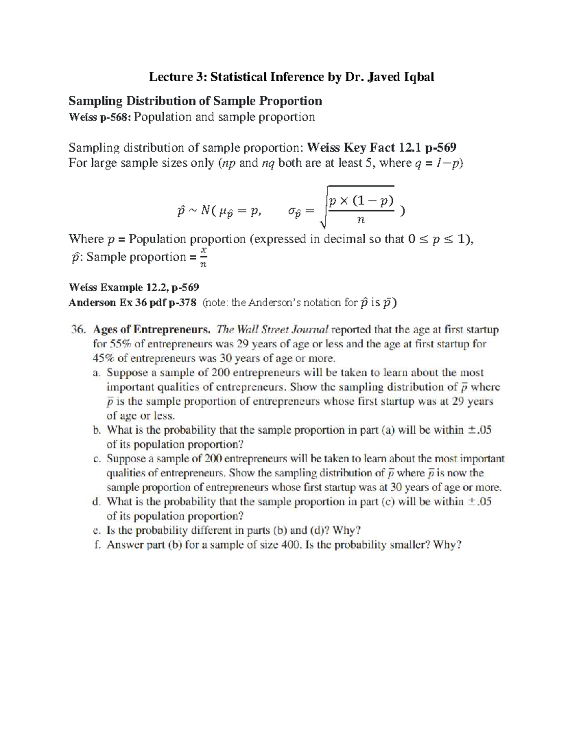 Lecture 3: Sampling Distribution of Sample Proportion (Statistical ...