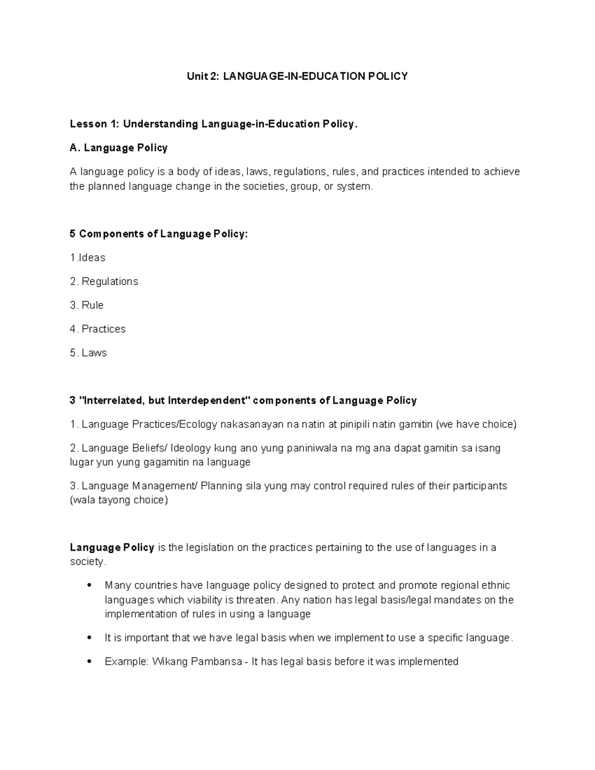 UNIT 2 - Lesson 1: Language-in-Education Policy Explained - Studocu