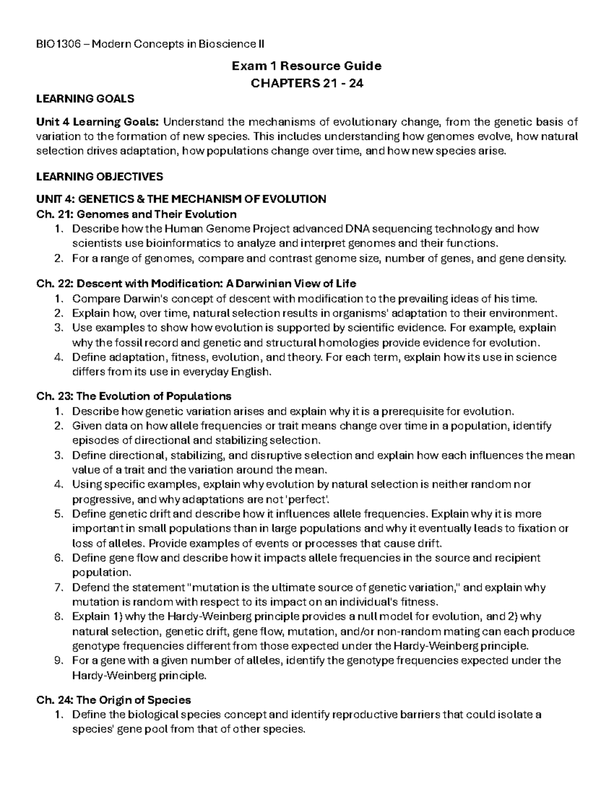 BIO1306 Exam 1 Resource Guide: Evolutionary Mechanisms and Genetics ...