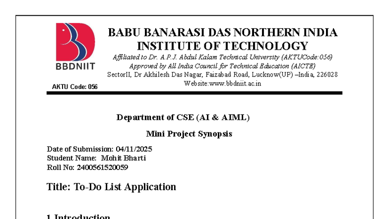 CSE AI AIML Mini Project Synopsis: ToDo App Development - Studocu