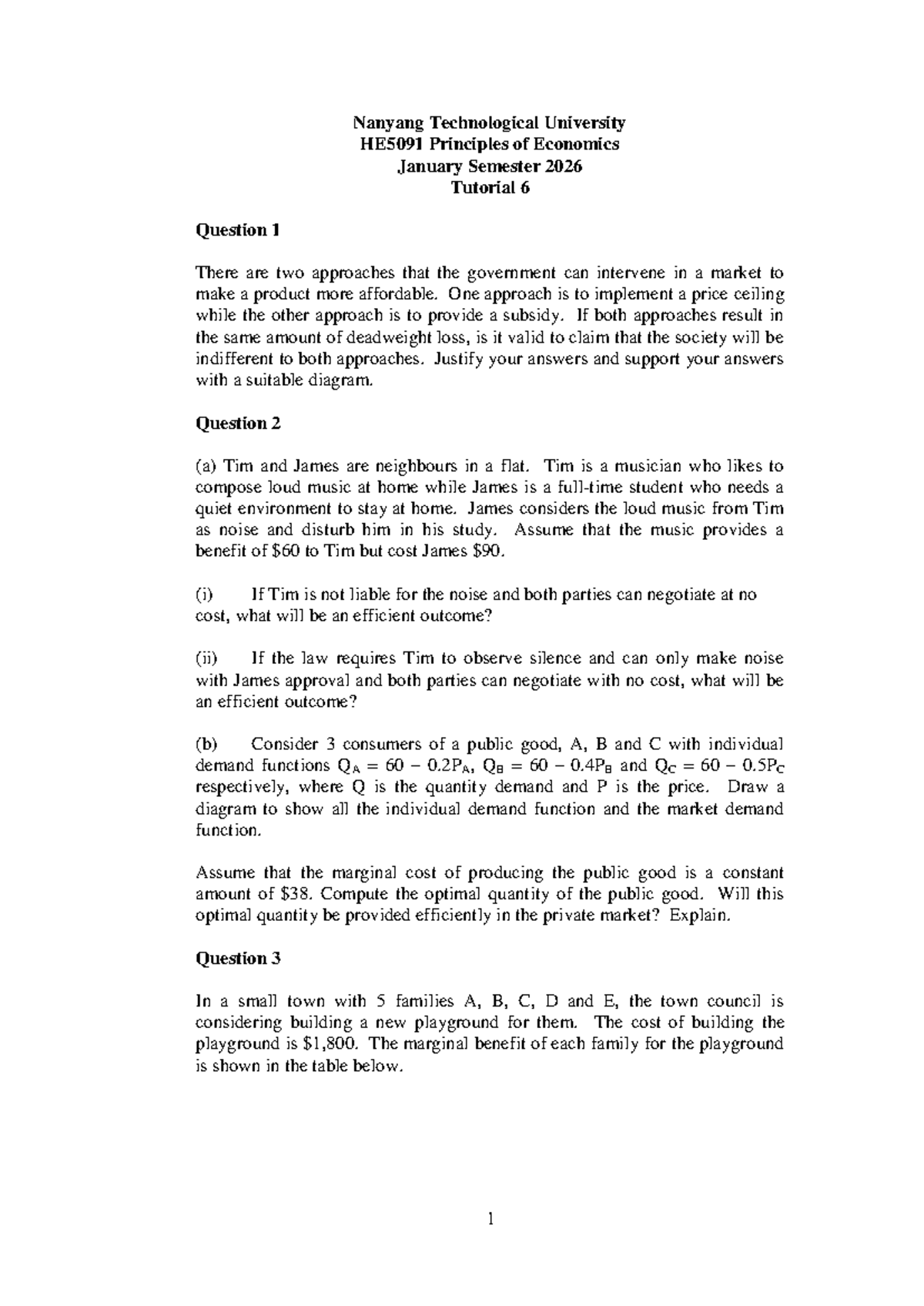 HE5091 Jan 2026 Principles of Economics Tutorial 6 Questions & Diagrams ...