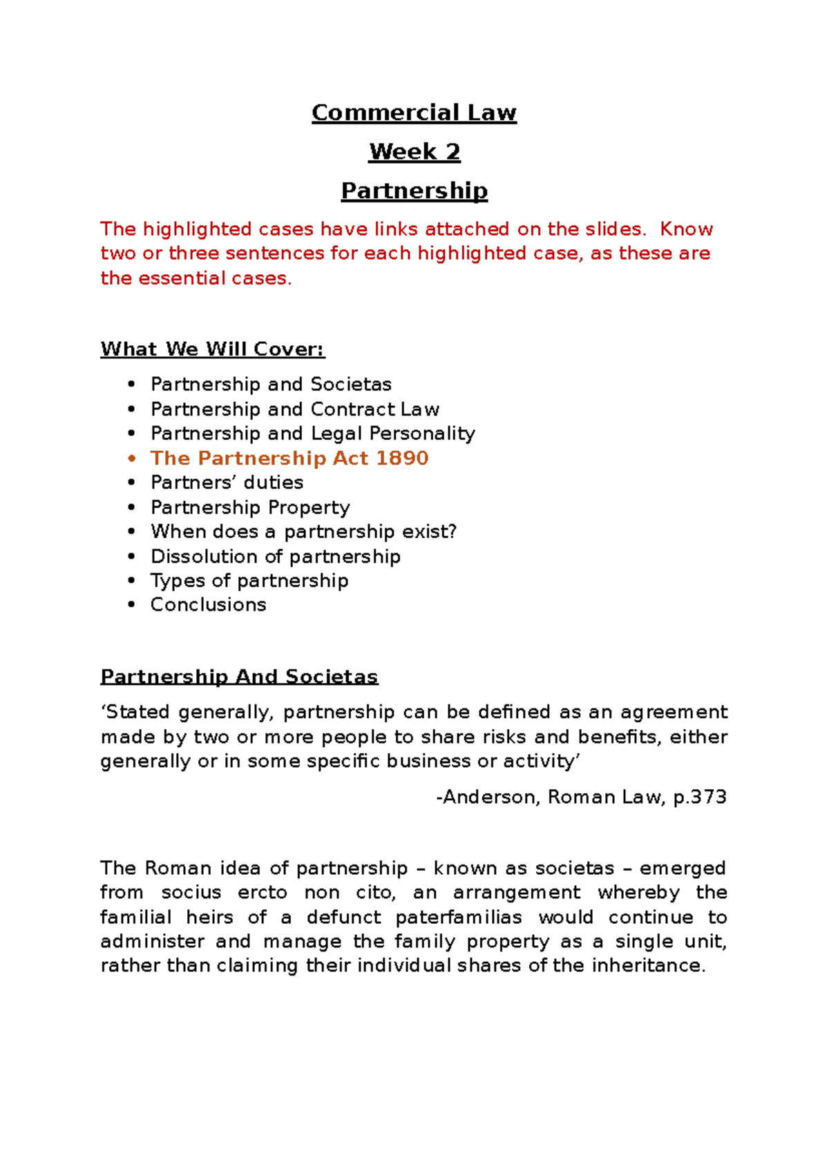 Commercial Law Week 2: Partnership Overview and Key Cases - Studocu