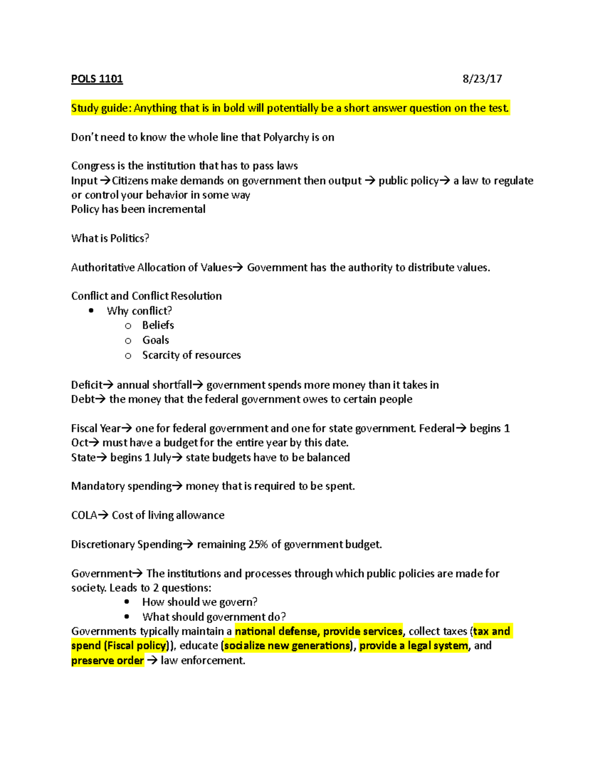 POLS 1101 Unit 1 - Lecture notes Unit 1 Lecture - POLS 1101 8/23/ Study ...