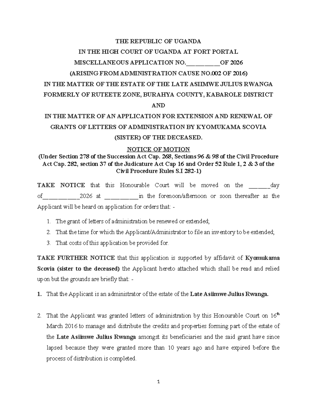 MISC. APPLICATION 2026: Renewal of Letters of Administration for Estate ...