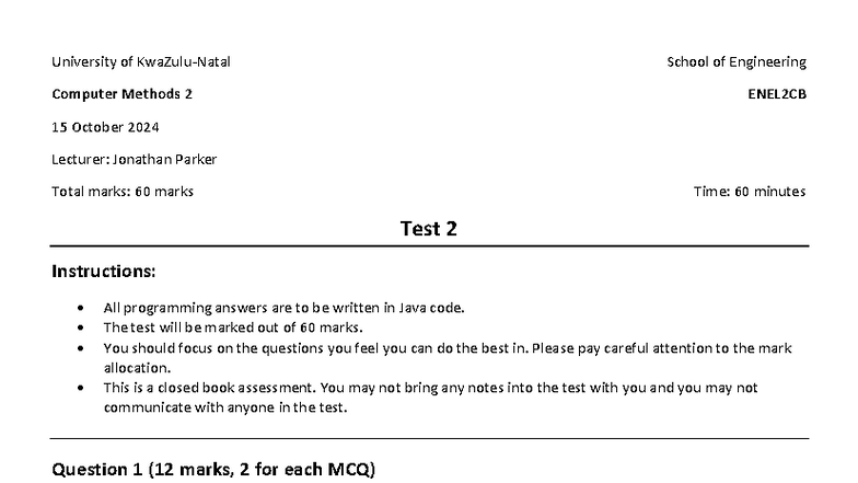 ENEL2CB 2024 Test 2 - Java Coding Practice and Understanding - Studocu