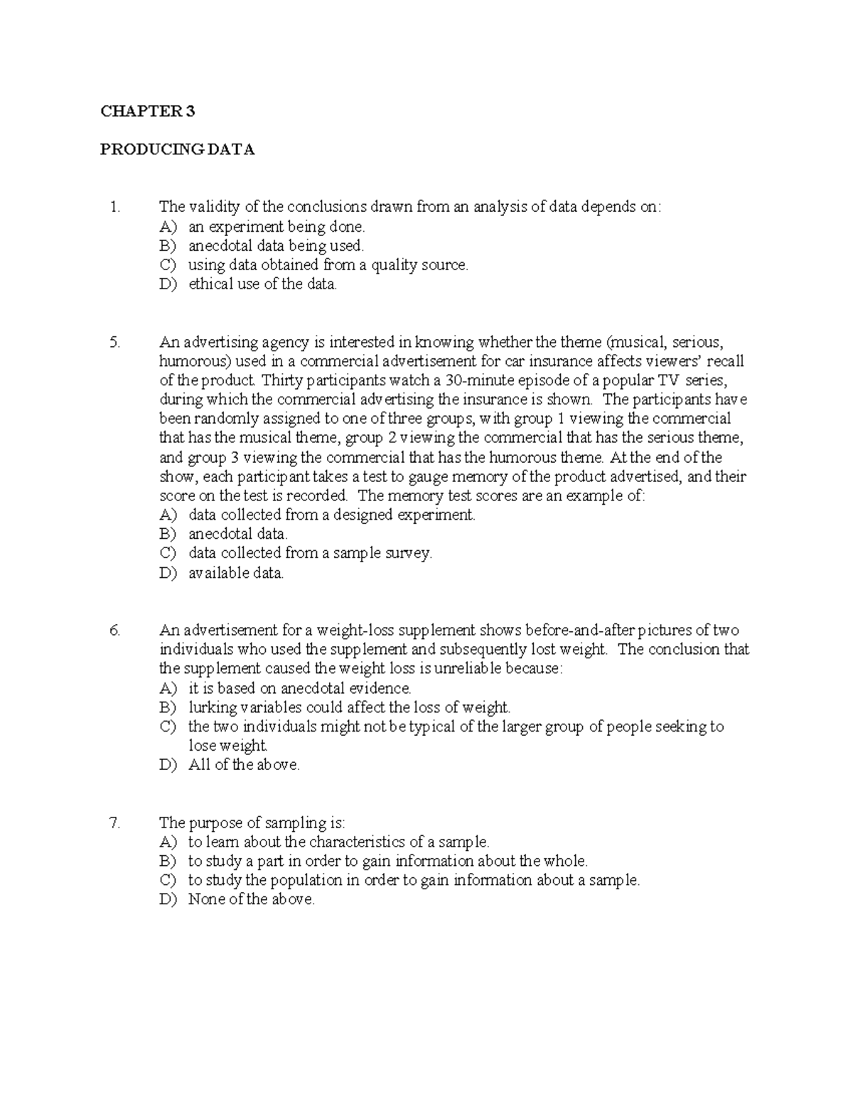 CHAPTER 3: PRODUCING DATA - Key Concepts and Examples - Studocu