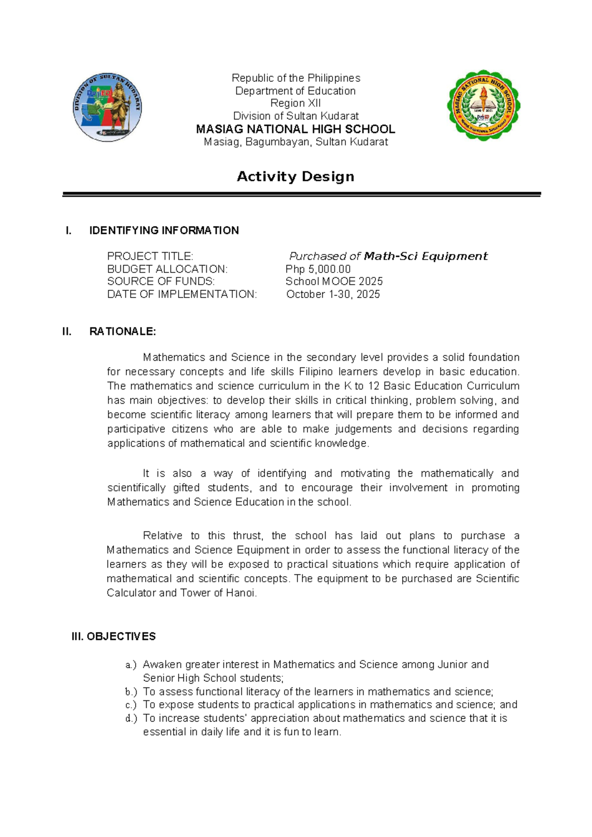 Activity Design for Math-Sci 2025: Budget Allocation & Equipment ...