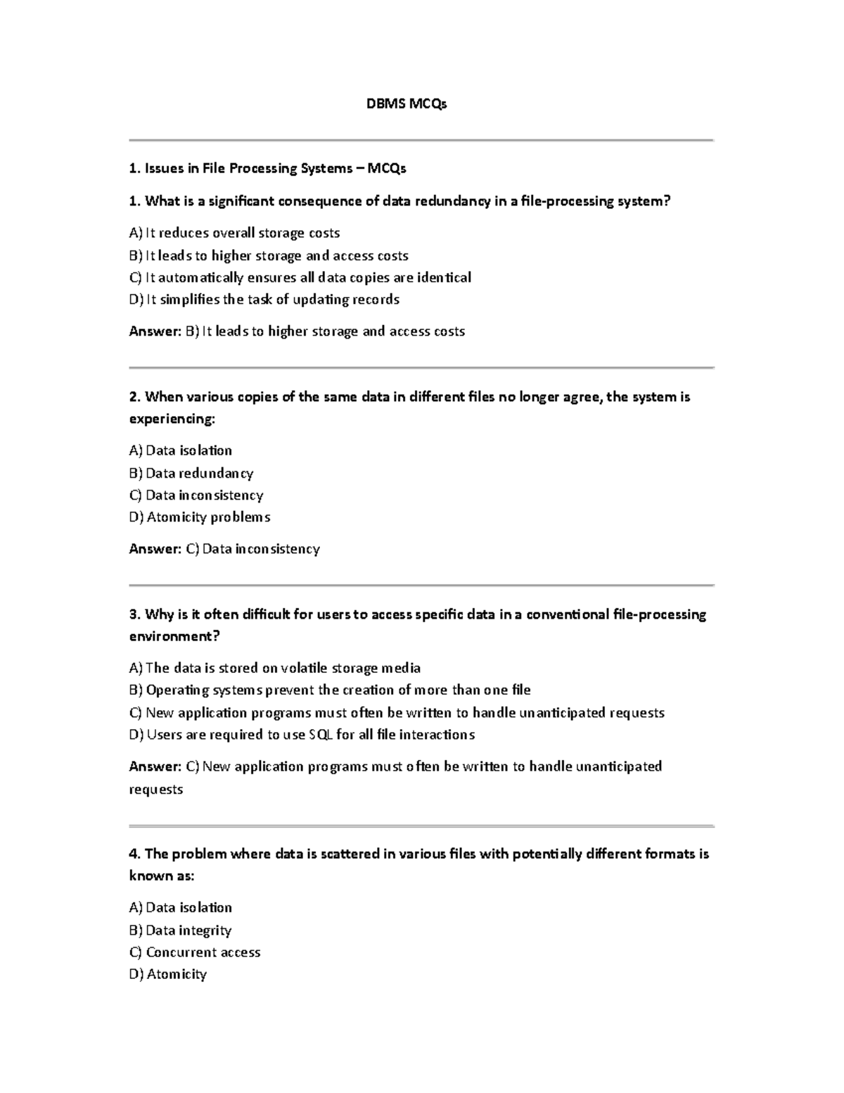 DBMS 101 - Unit 1 Question Bank on File Processing Systems MCQs - Studocu