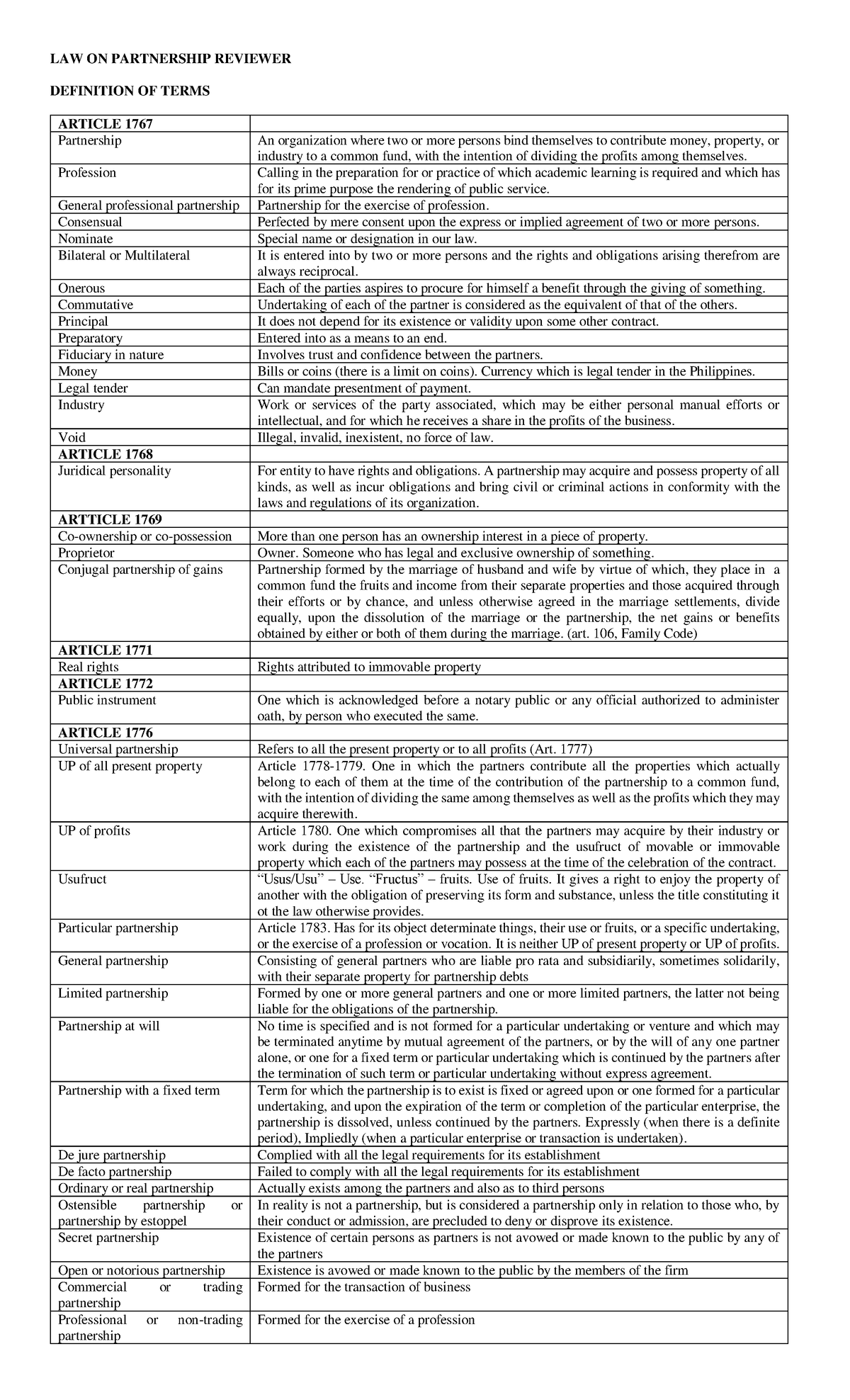 LAW 101: Law on Partnerships Final Reviewer and Key Concepts - Studocu