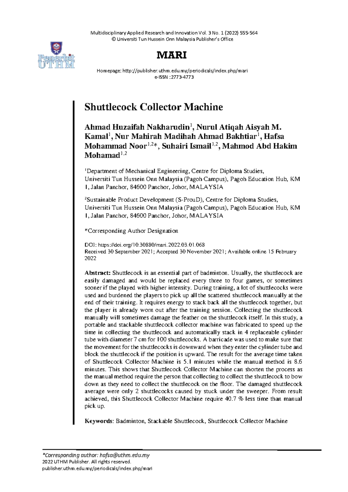 Shuttlecock Collector Machine: Design & Efficiency Analysis (MARI 2022 ...