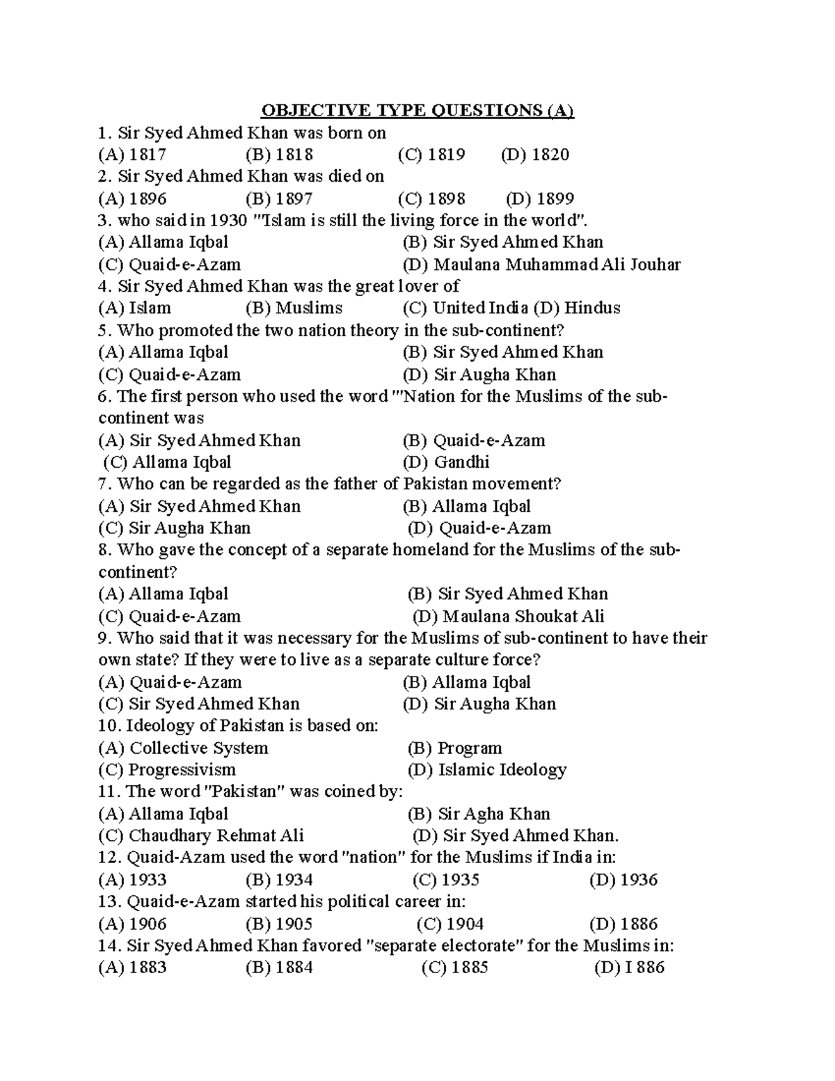 PST - Objective Type Questions on Historical Figures and Events - Studocu