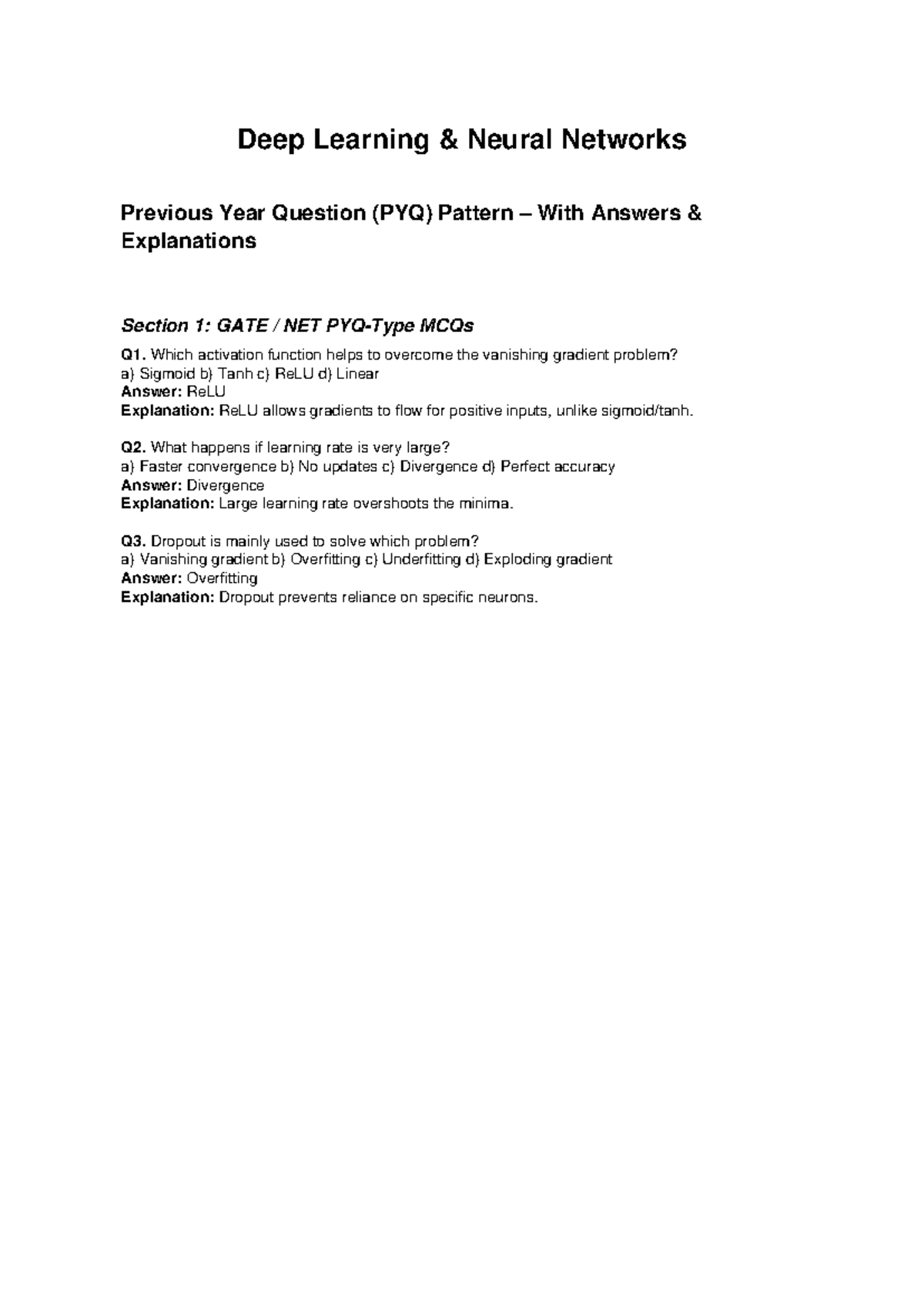 DL NN PYQ: Previous Year Questions with Answers & Explanations - Studocu