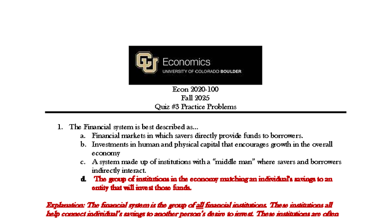 ECON 2020-100 F25 Quiz 3 Practice Problems - Solutions and Explanations ...