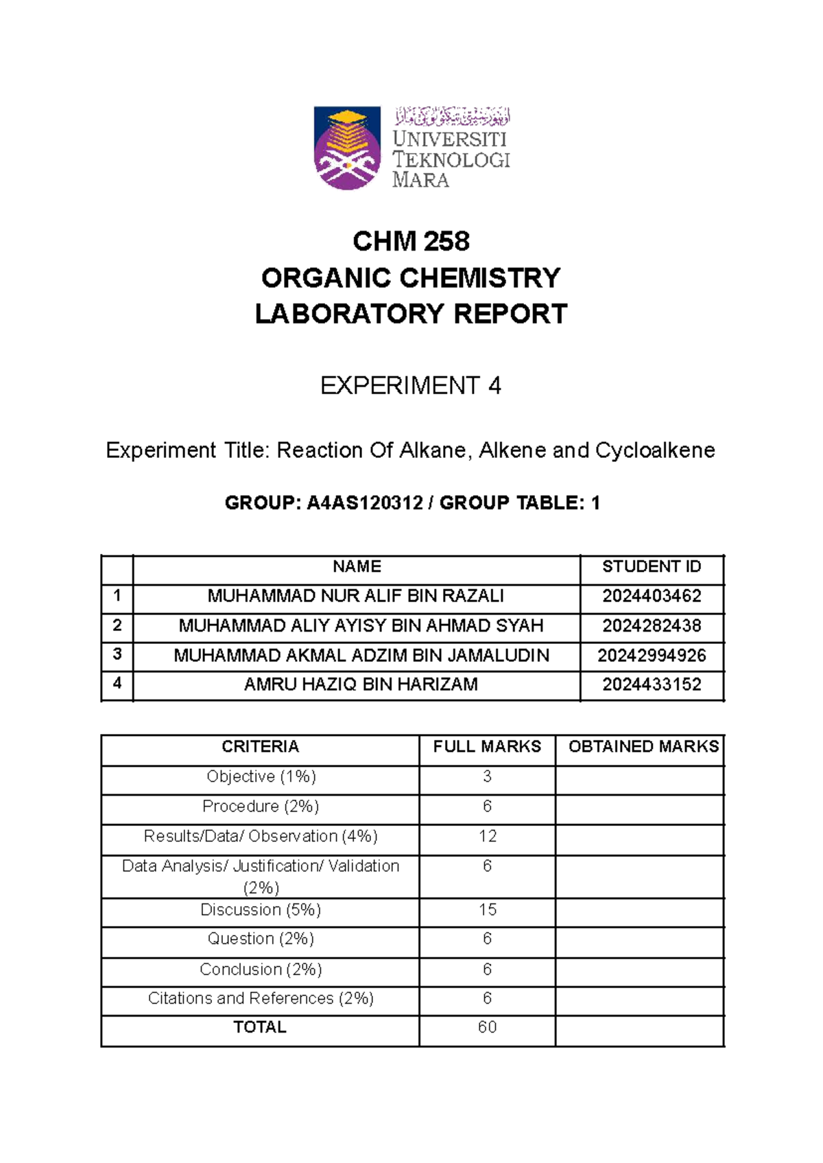 CHM 258 Organic Chemistry Lab Report: Experiment 4 - Hydrocarbon ...