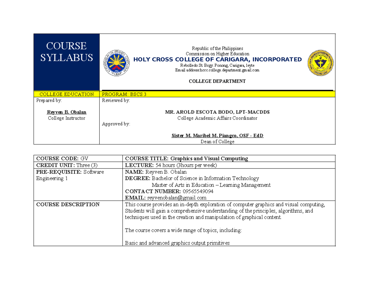 GV 301: Graphics and Visual Computing Course Syllabus and Overview ...