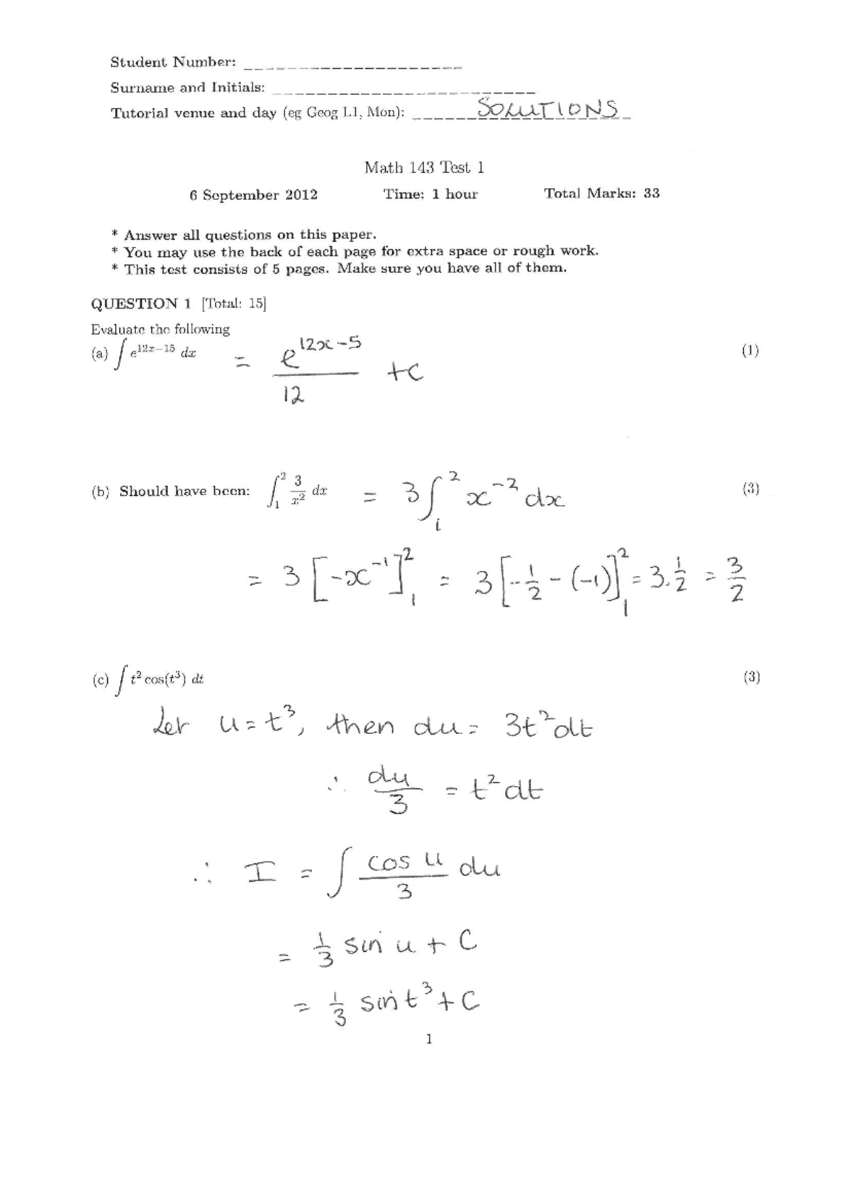 Mathematics 143 Test 1 Solutions - Year 2012 - Studocu