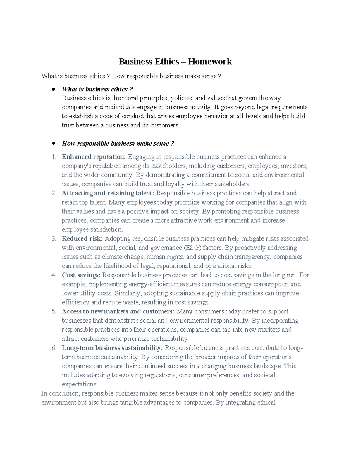 Business Ethics - Homework - Business Ethics – Homework What is ...