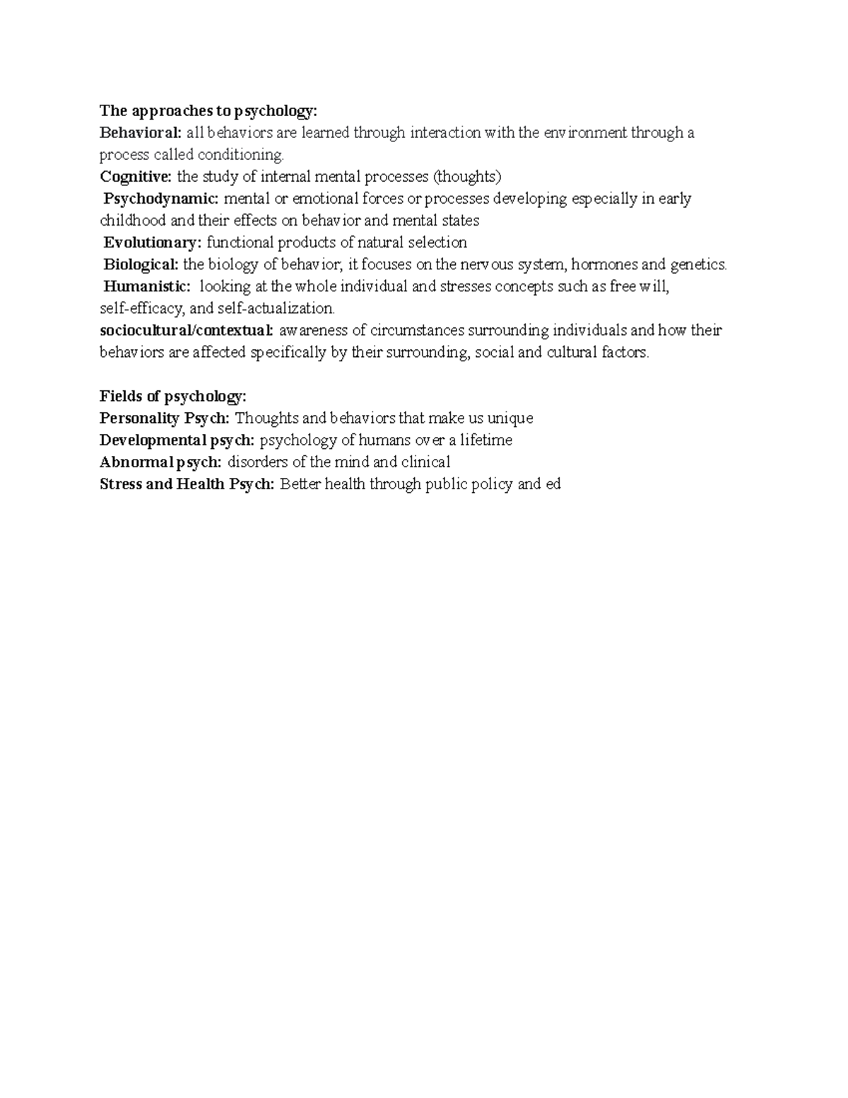 Psychology Notes: Key Approaches and Fields Overview - Studocu