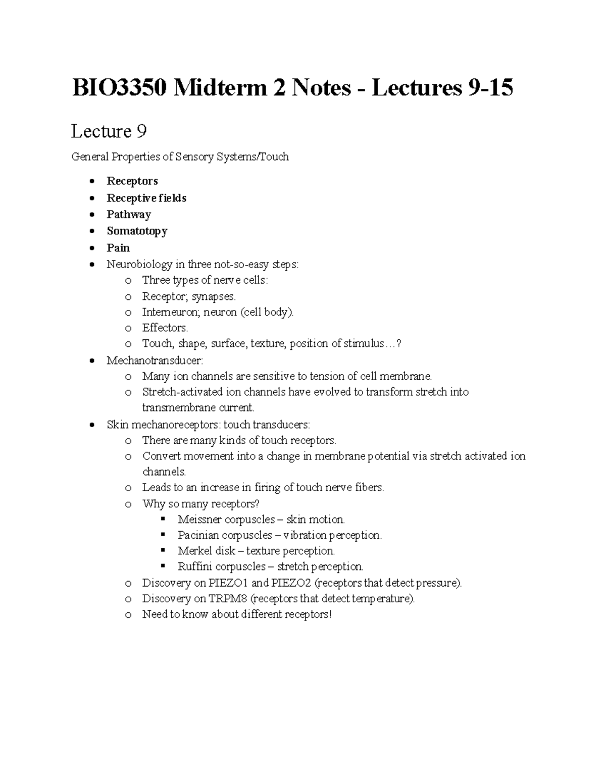 BIO3350 - Midterm 2 Notes: Sensory Systems and Motor Mechanisms (Lectures 9-15) - Document Preview
