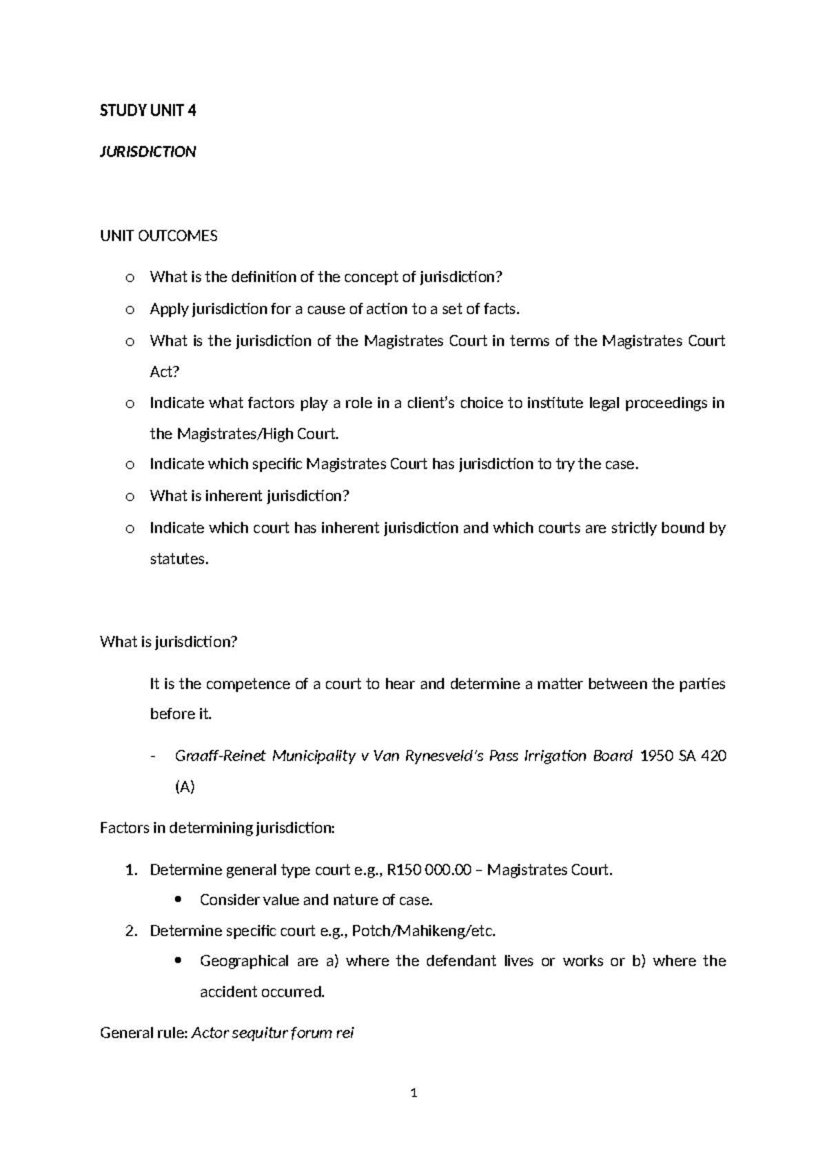 Jurisdiction in Legal Proceedings: Study Unit 4 Overview - Studocu