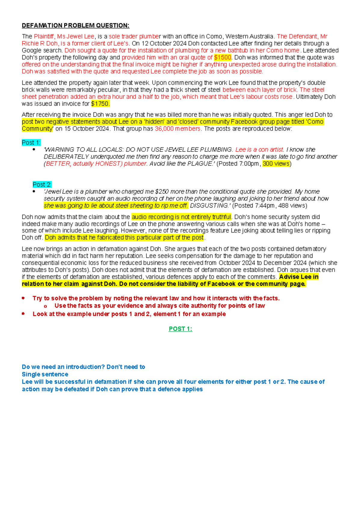 Defamation response case - DEFAMATION PROBLEM QUESTION: The Plaintiff ...