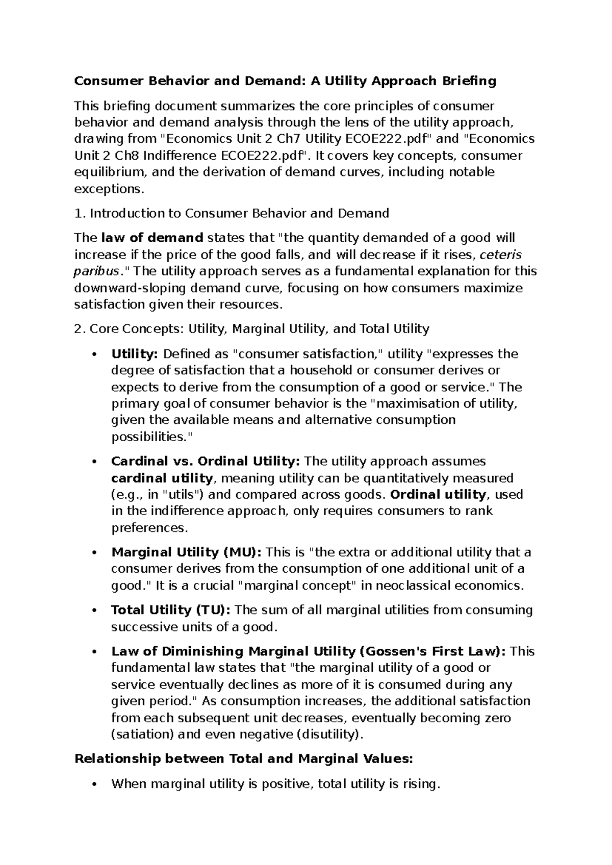 Unit 2 Consumer Behavior & Demand: Utility Approach Briefing - Studocu