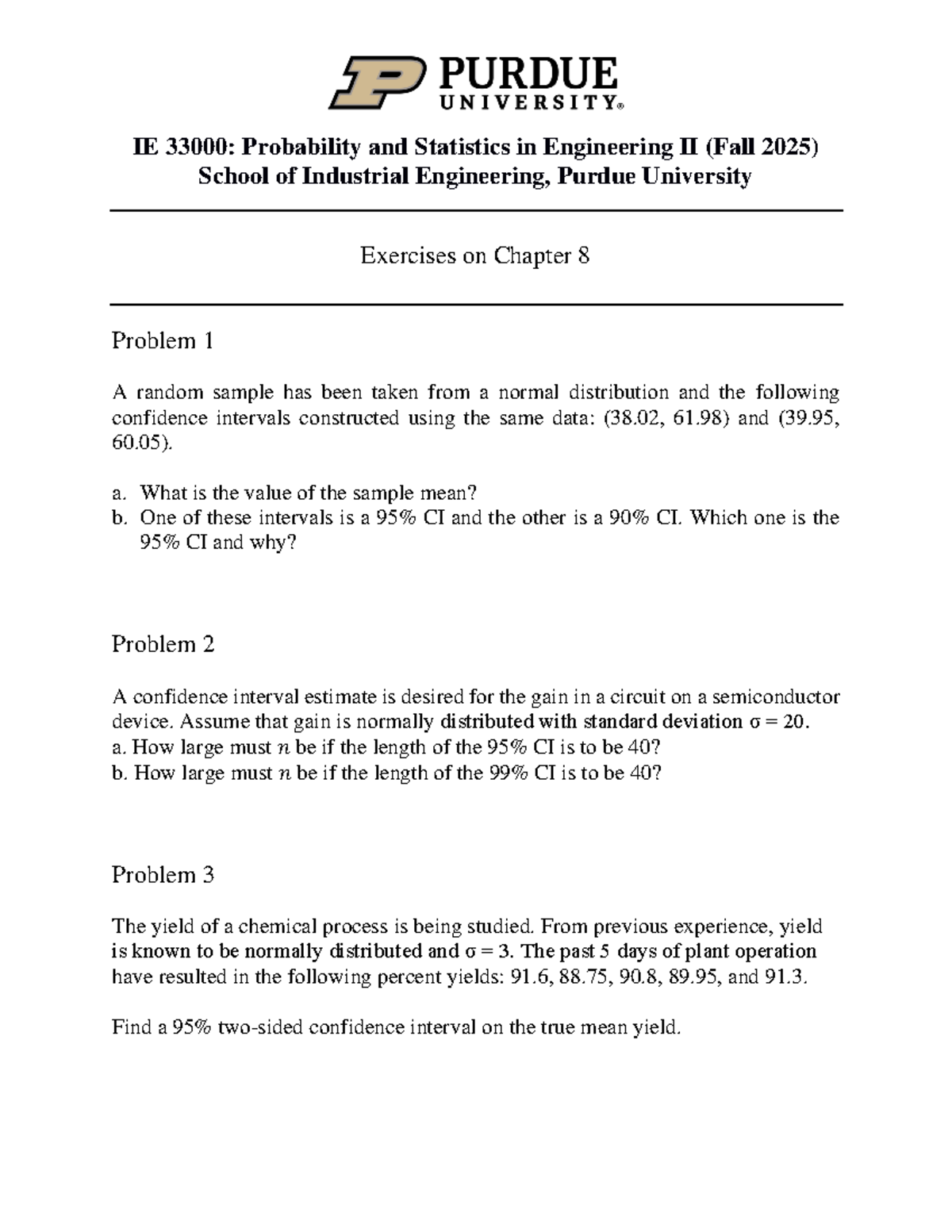 IE330 Exercises on Chapter 8: Confidence Intervals and Sample Size ...