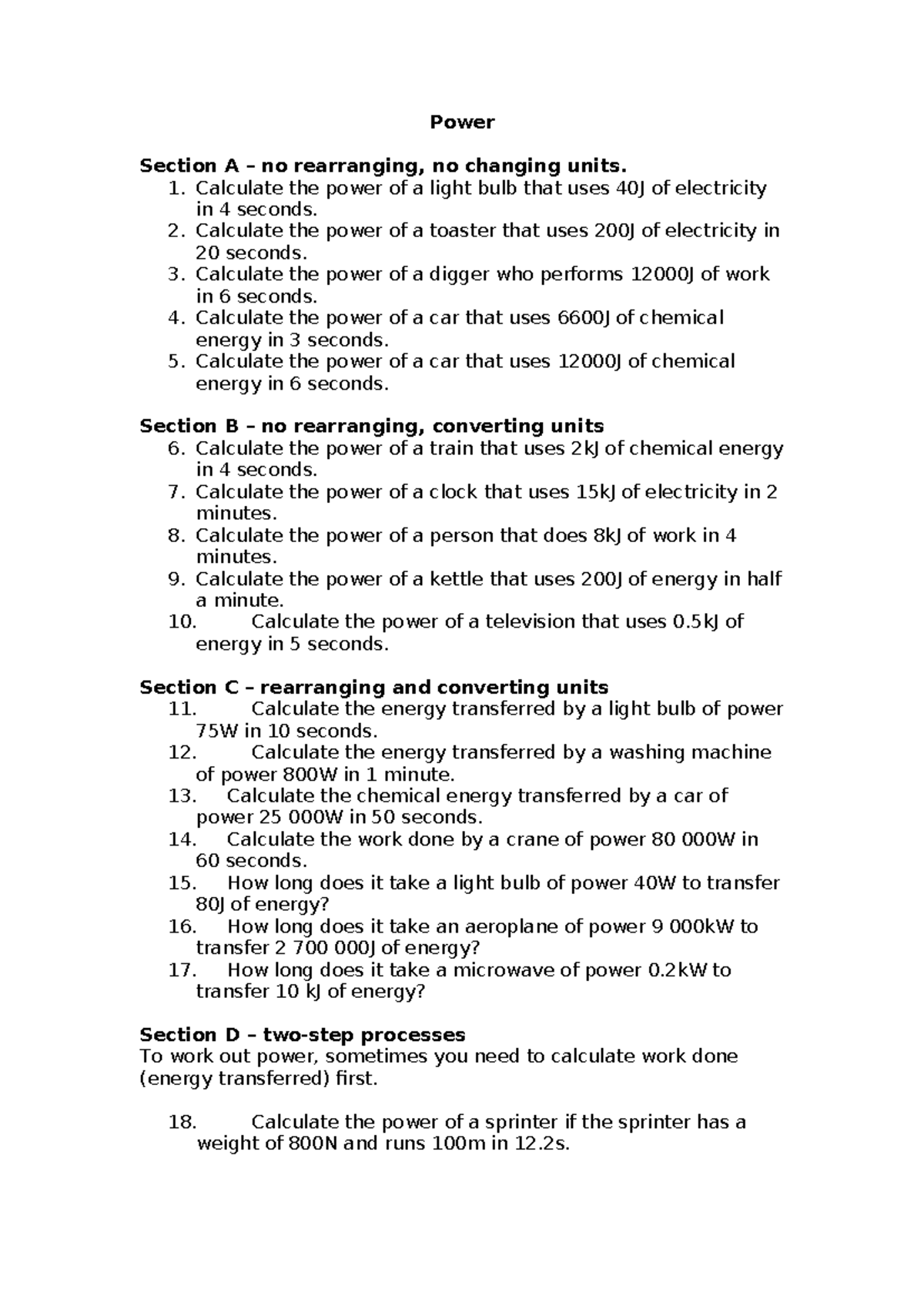 Power Calculations Sheet - 11111: Solving for Electrical Energy - Studocu