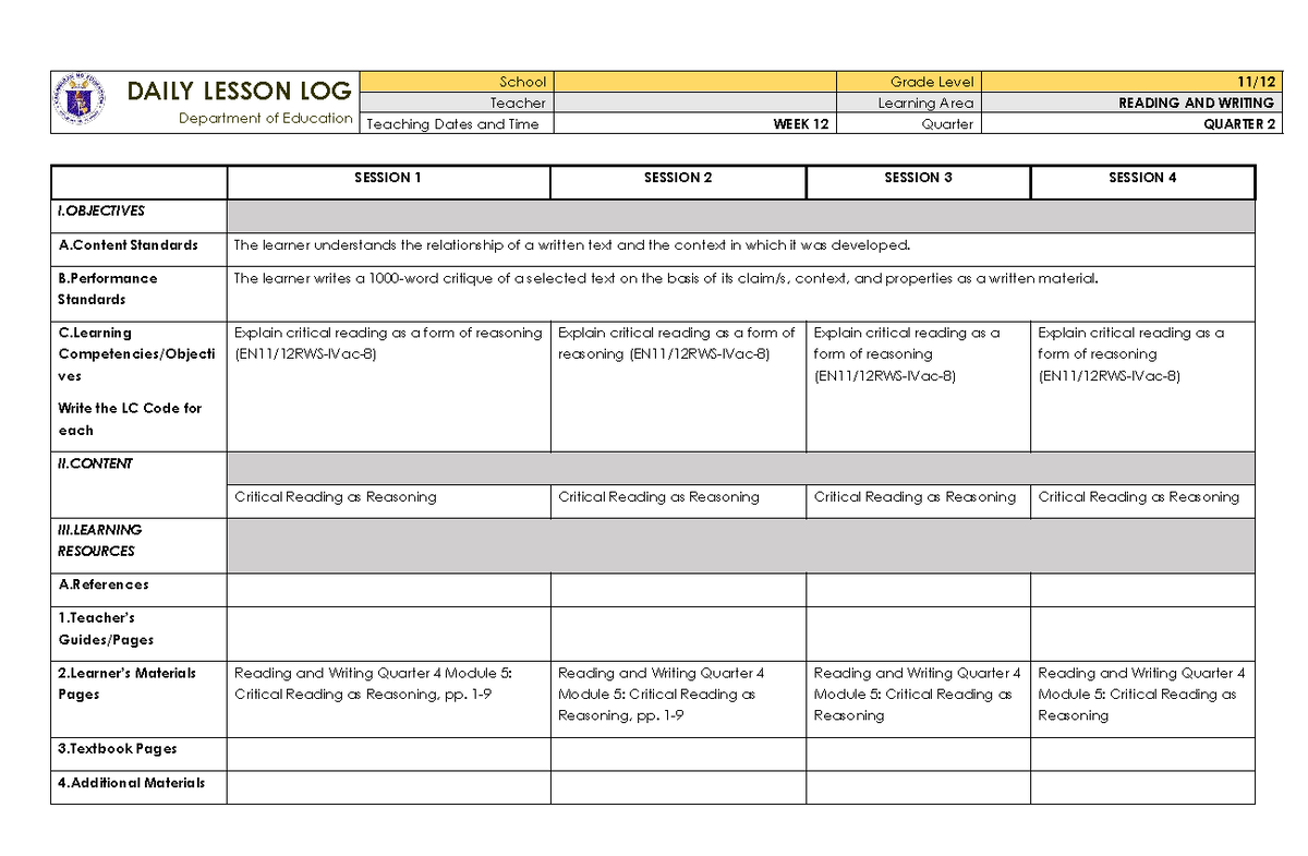 RW Q2 W2 - Daily Lesson Log for Reading and Writing - Studocu