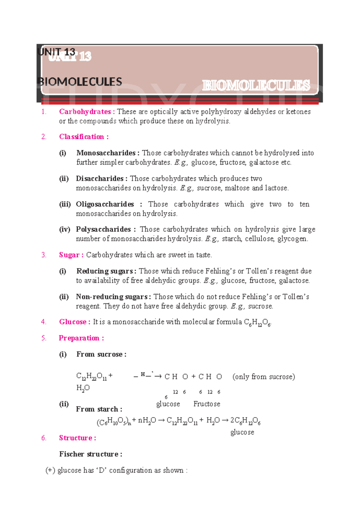 Class 12 Chemistry Notes: Chapter 13 Study Guide on Biomolecules - Studocu