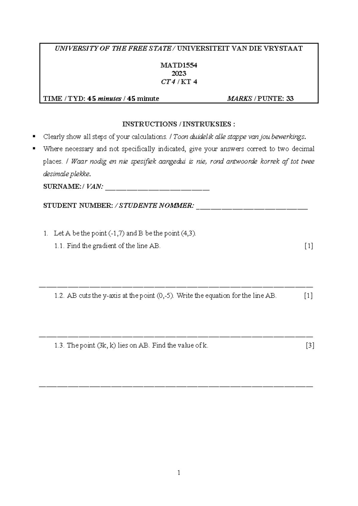 CT4 MATD1554 2023 - Solutions to Linear Equations and Geometry - Studocu
