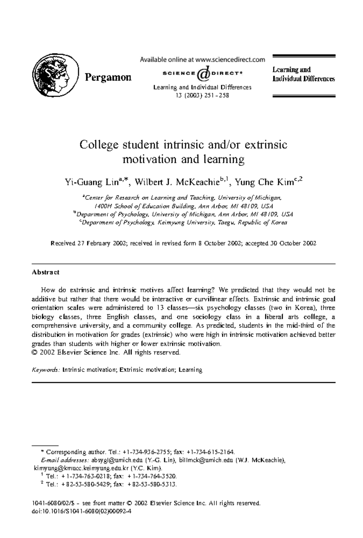 College Student Motivation: Intrinsic vs. Extrinsic Factors (Lin et al ...