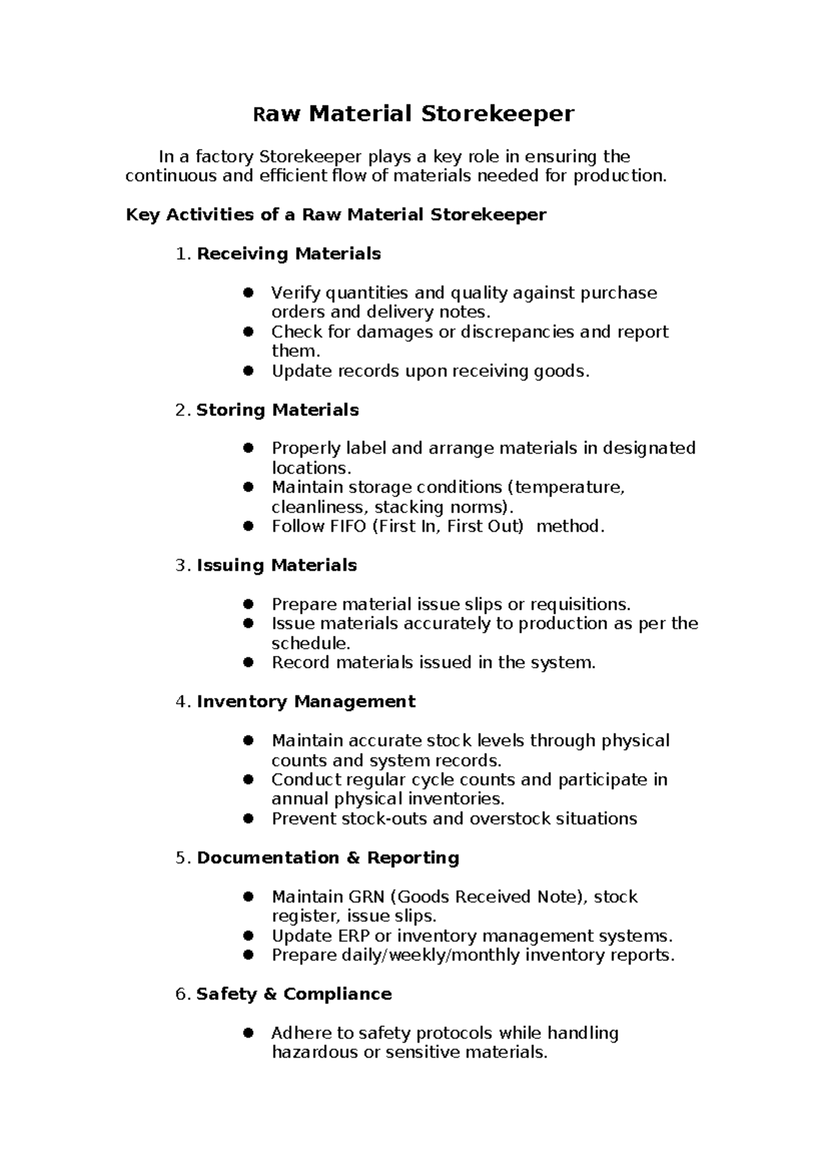 Raw Material Storekeeper Responsibilities and Best Practices Guide ...