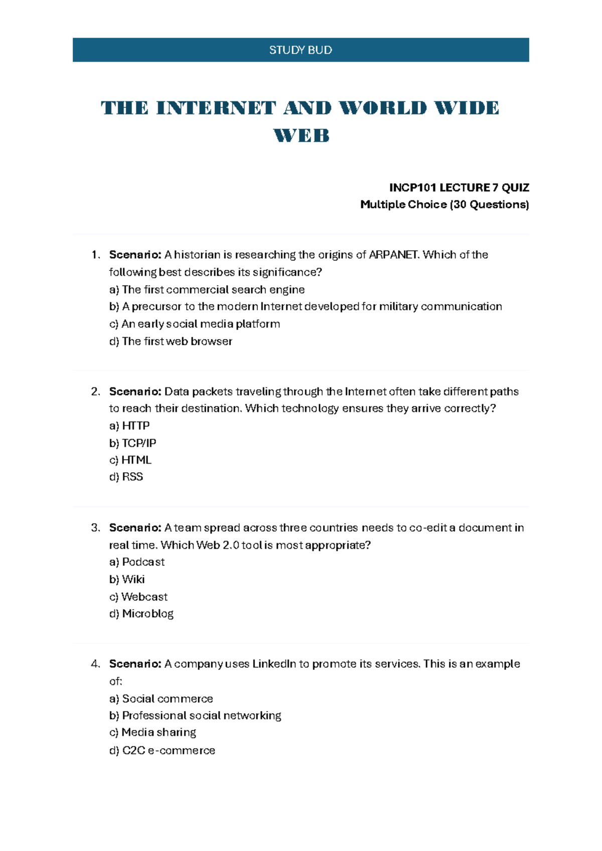 INCP101 LECTURE 7 QUIZ: The Internet & World Wide Web (30 MCQs) - Document Preview