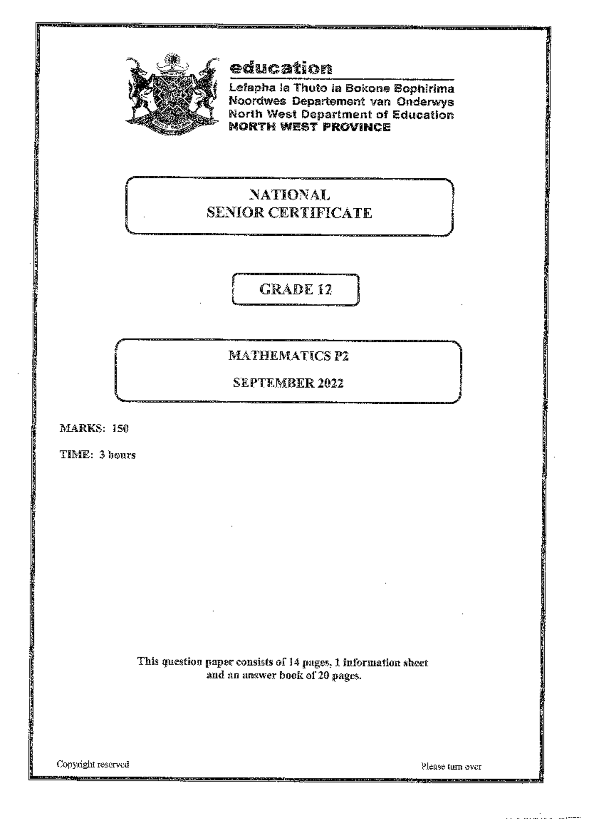 Grade 12 Mathematics NSC P2 September 2022 Exam Document - Studocu