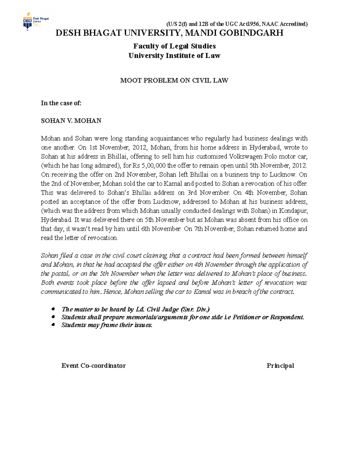 Civil Moot Problem: Sohan v. Mohan Case Study Overview - Studocu