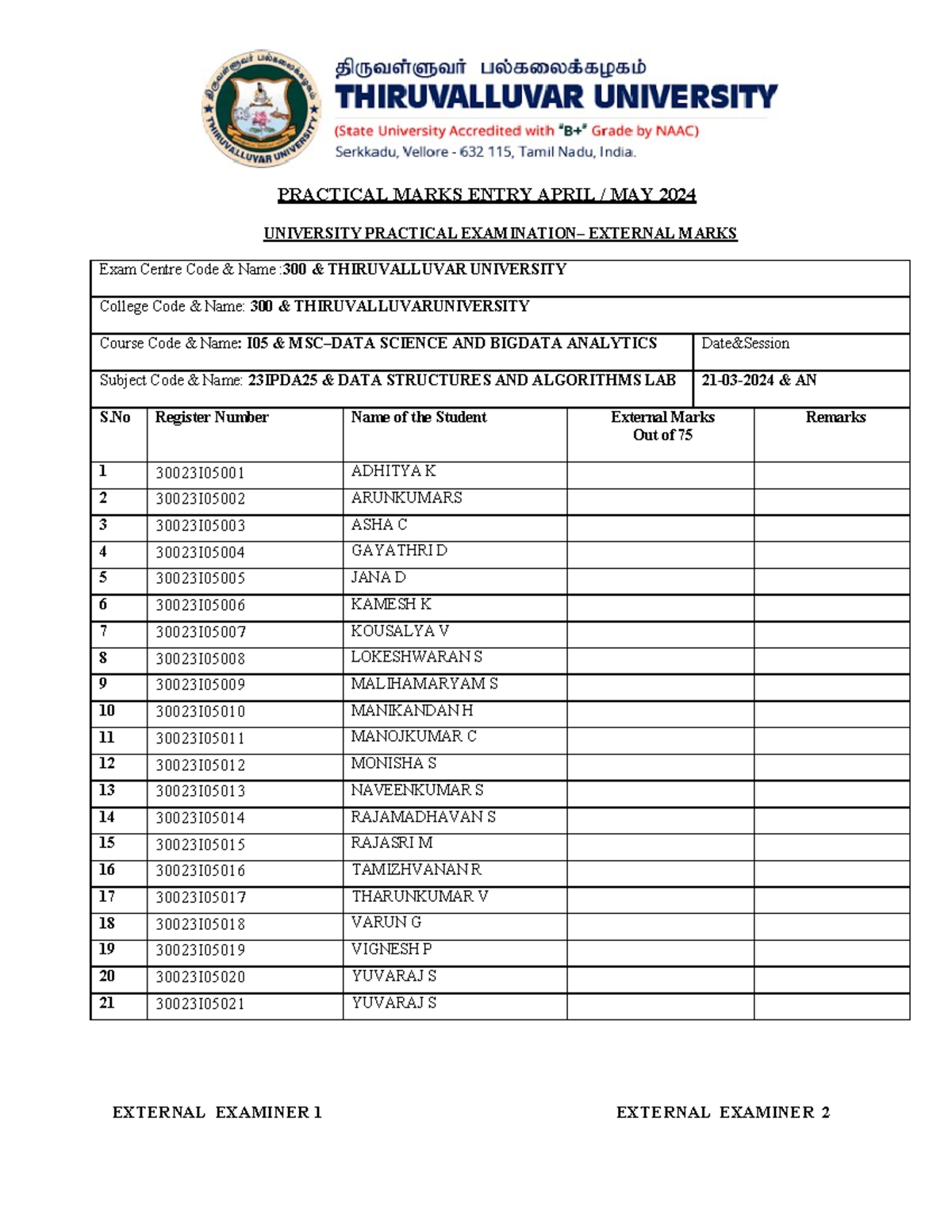23IPDA25 (External Mark Sheet) - PRACTICAL MARKS ENTRY APRIL / MAY 2024 ...