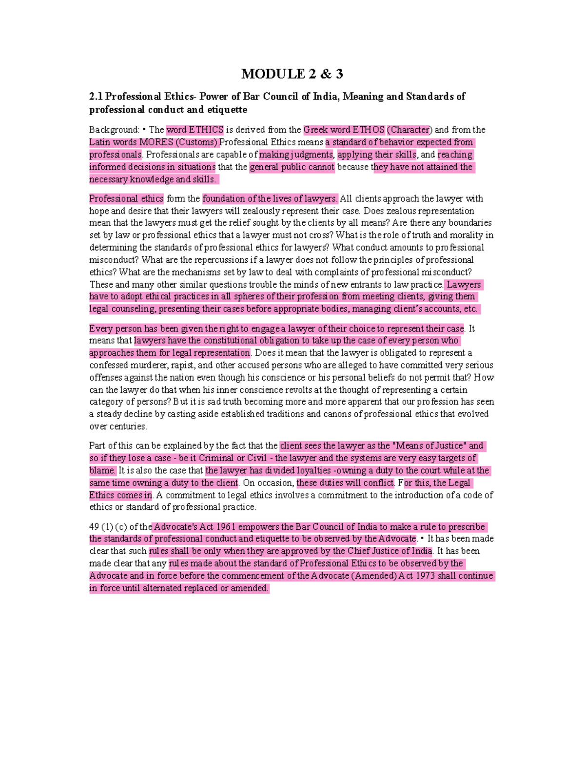 Module 2.3: Professional Ethics and Conduct of Lawyers in India - Studocu