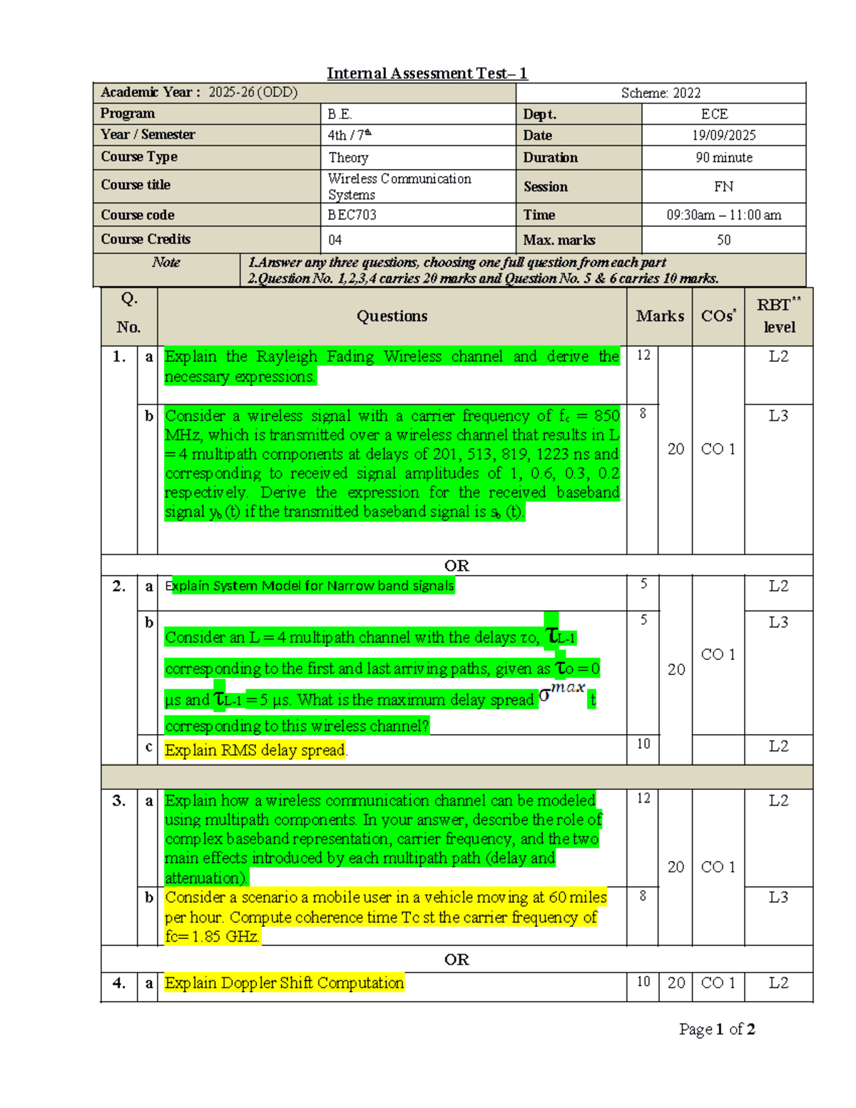BEC703: Internal Assessment 1 - Wireless Communication Systems - Studocu