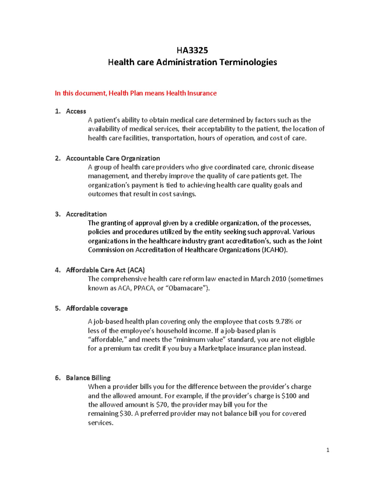Health Care Administration Terminologies - HA3325 Glossary Guide - Studocu