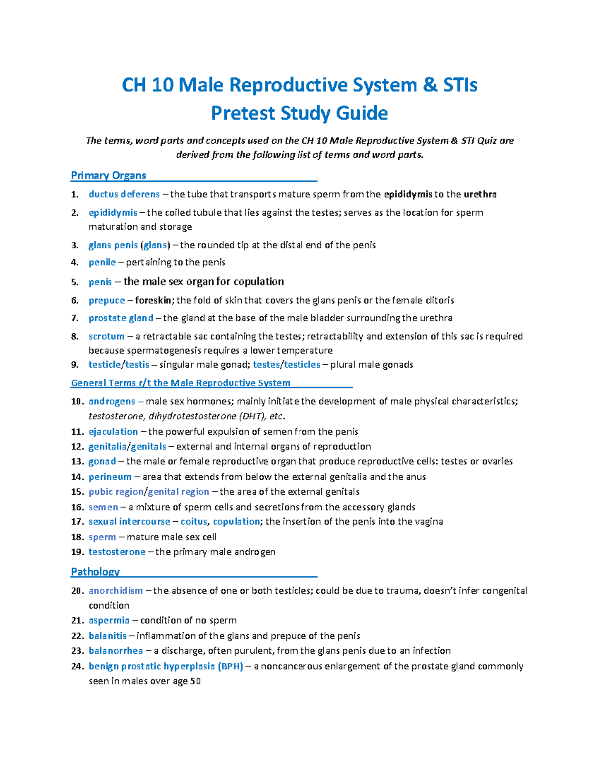 CH 10 Male Reproductive System & STI Pretest Study Guide - CH 10 Male ...