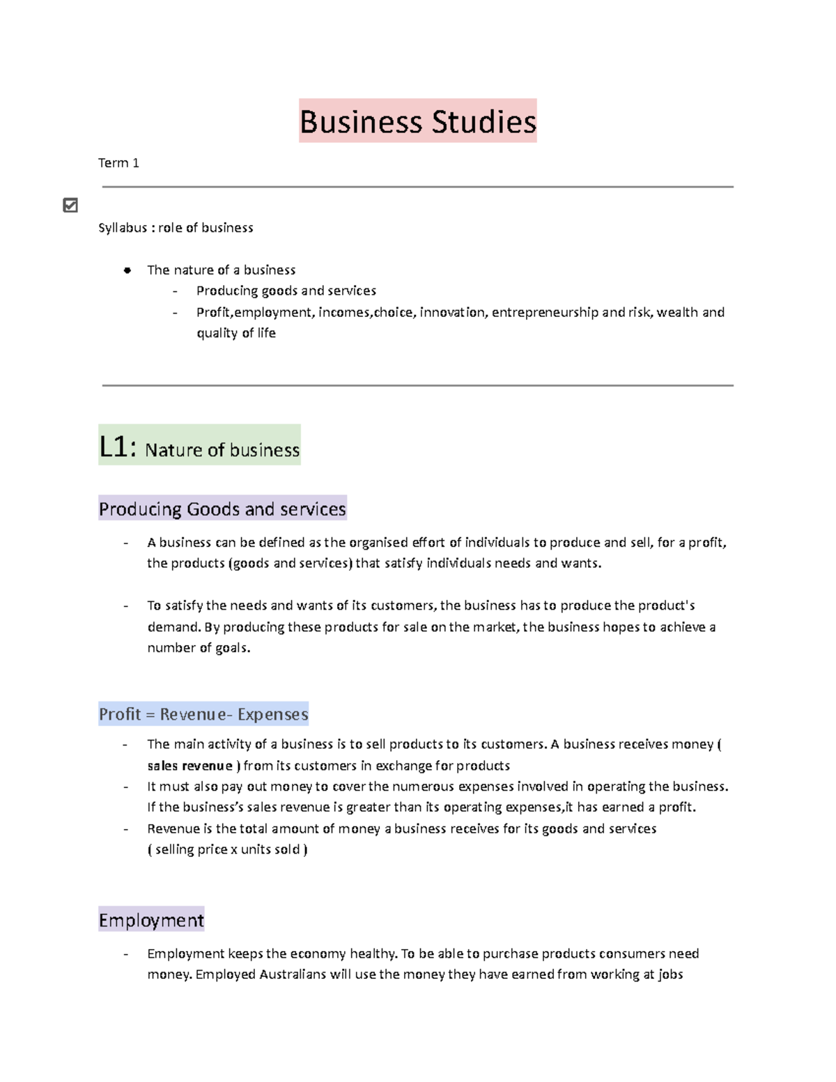 Notes business studies - Business Studies Term 1 Syllabus : role of ...