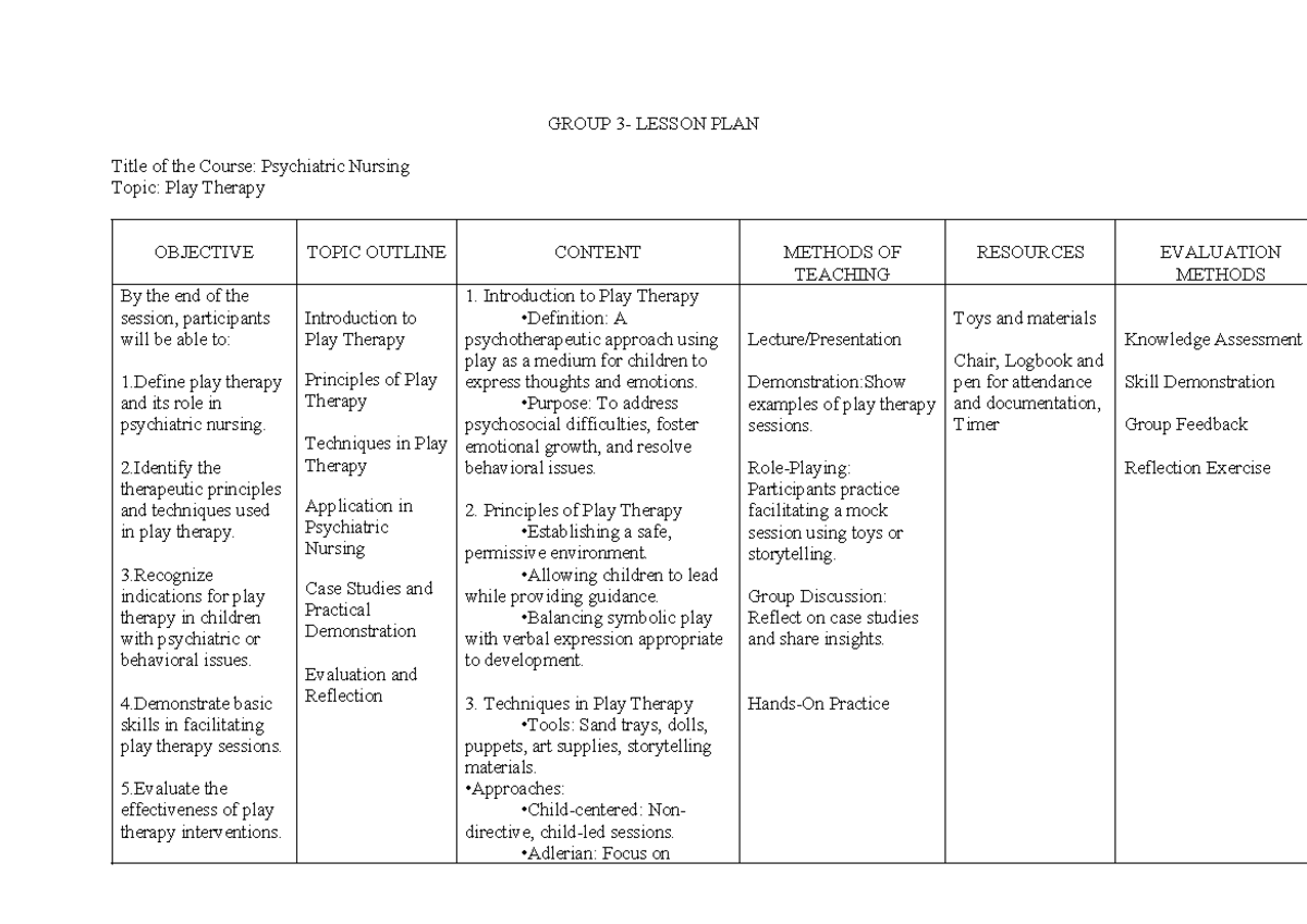 NCMB 117: Group Therapy Lesson Plan on Play & Remotivation Therapy - Studocu