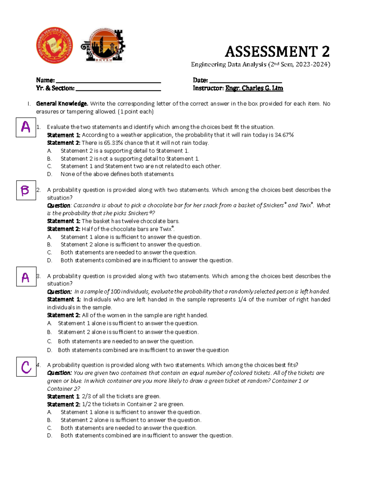 Assessment 2: Engineering Data Analysis (EDA) Probability Questions ...