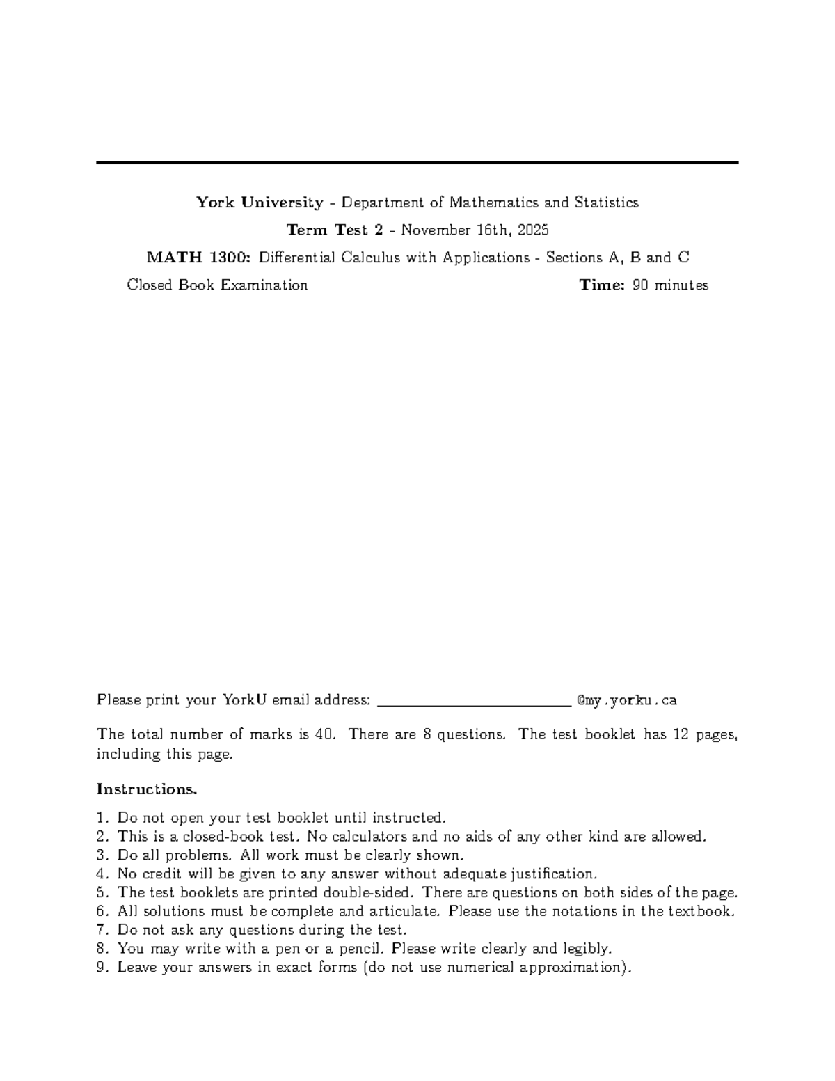 MATH 1300: Differential Calculus Term Test 2 Solutions - Nov 2025 - Studocu
