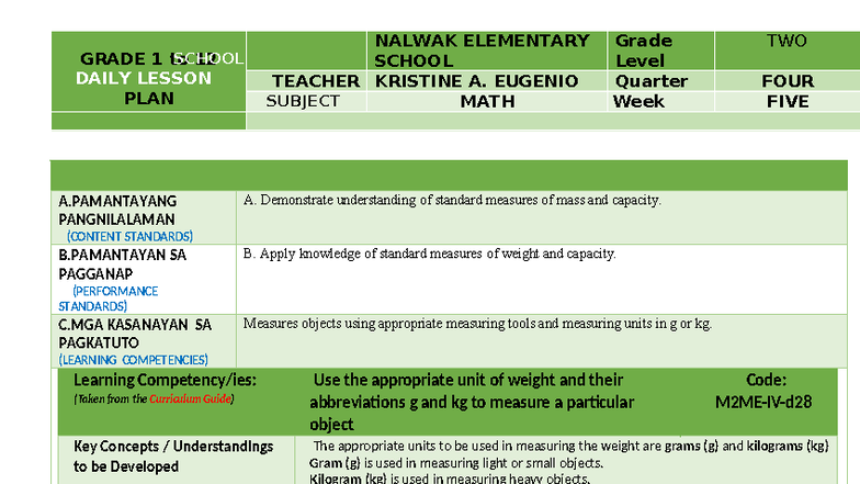 Math 2 Daily Lesson Plan: Measuring Mass (g & kg) - Q4 W5 - Studocu