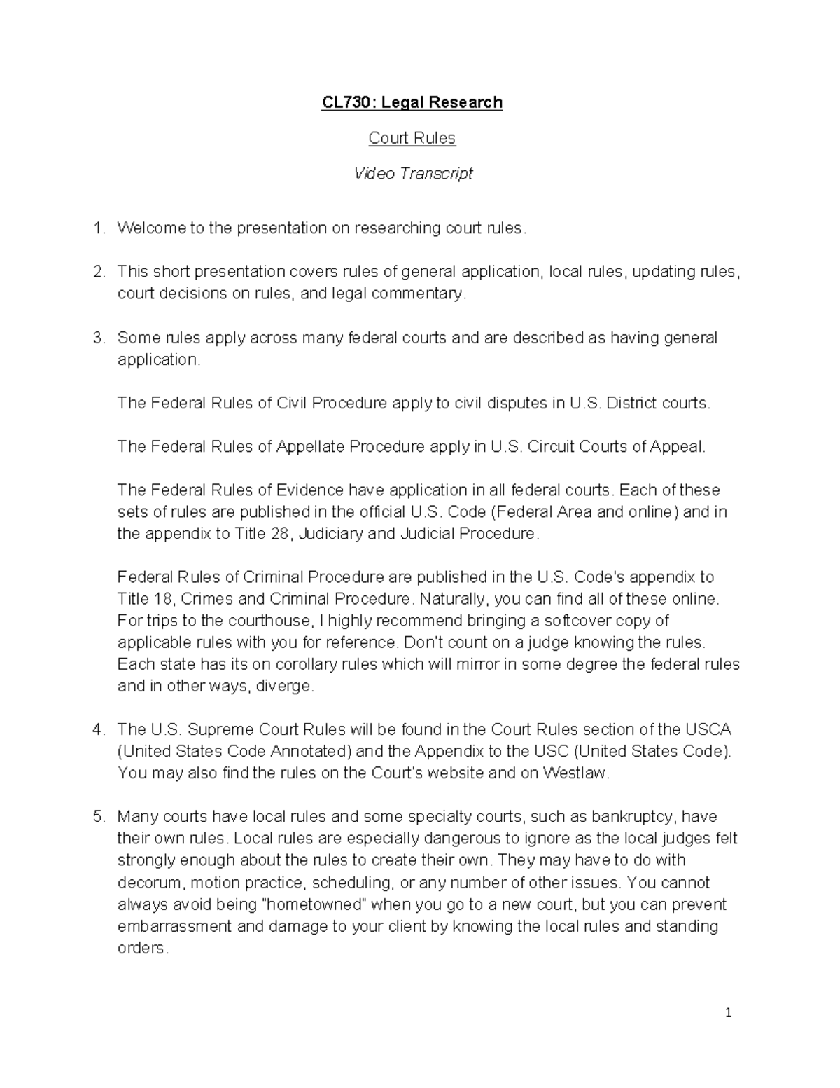 CL730: Mod12 Video Transcript on Legal Research & Court Rules - Studocu