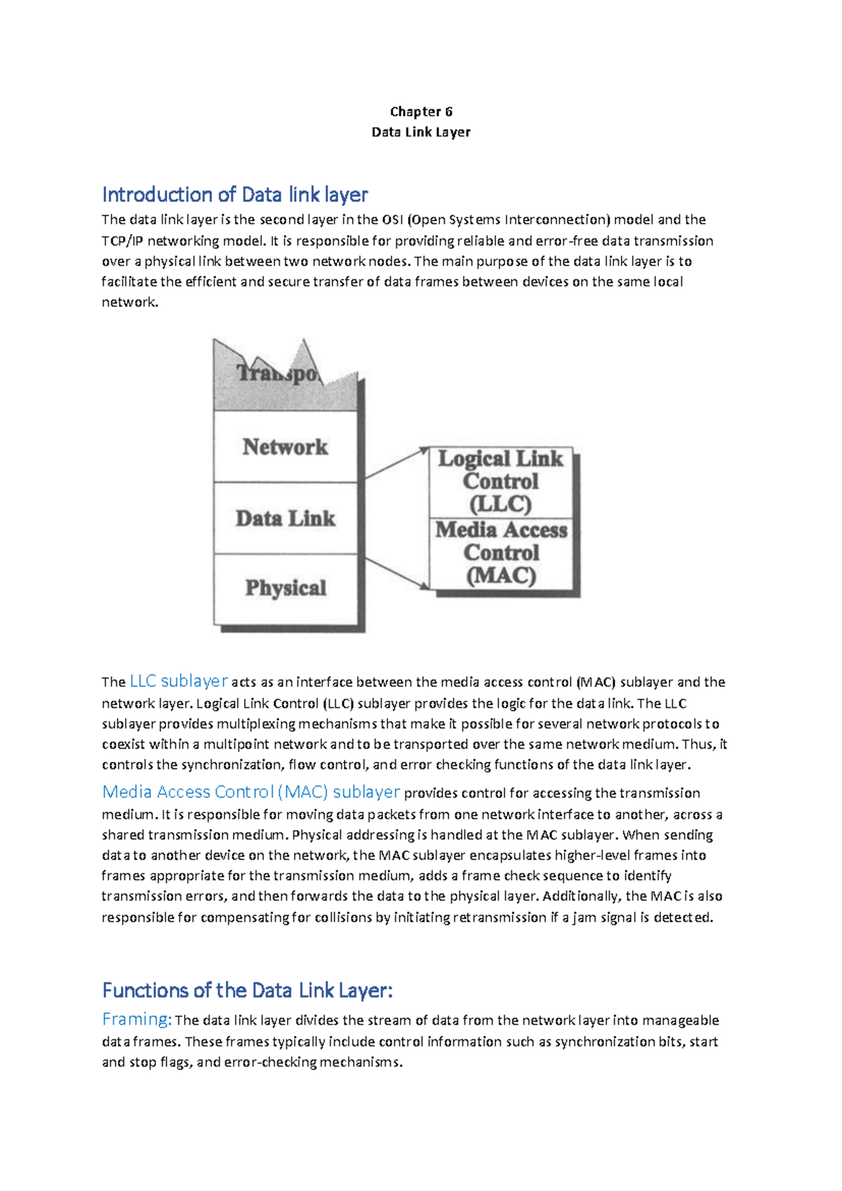 Chapter 6 - Dsa notes - Chapter 6 Data Link Layer Introduction of Data ...