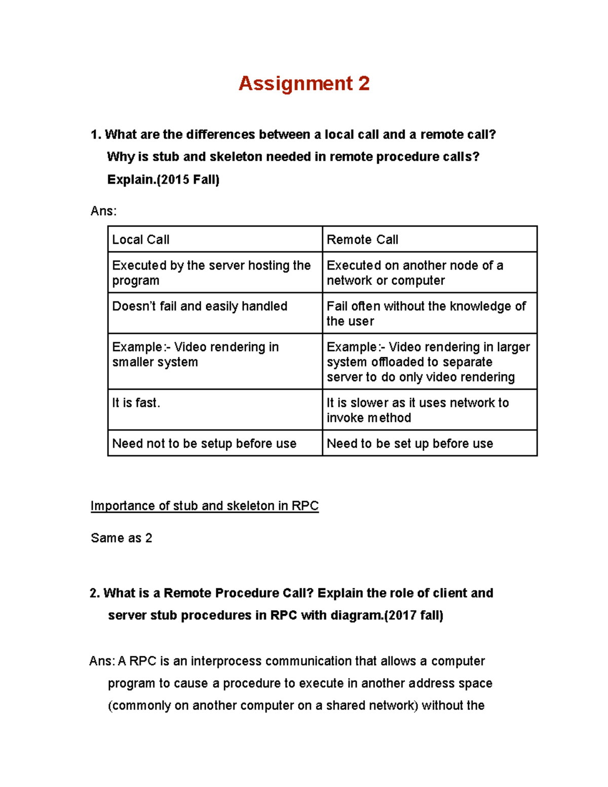 Assignment II - Lecture Notes on Remote Procedure Calls and Distributed ...