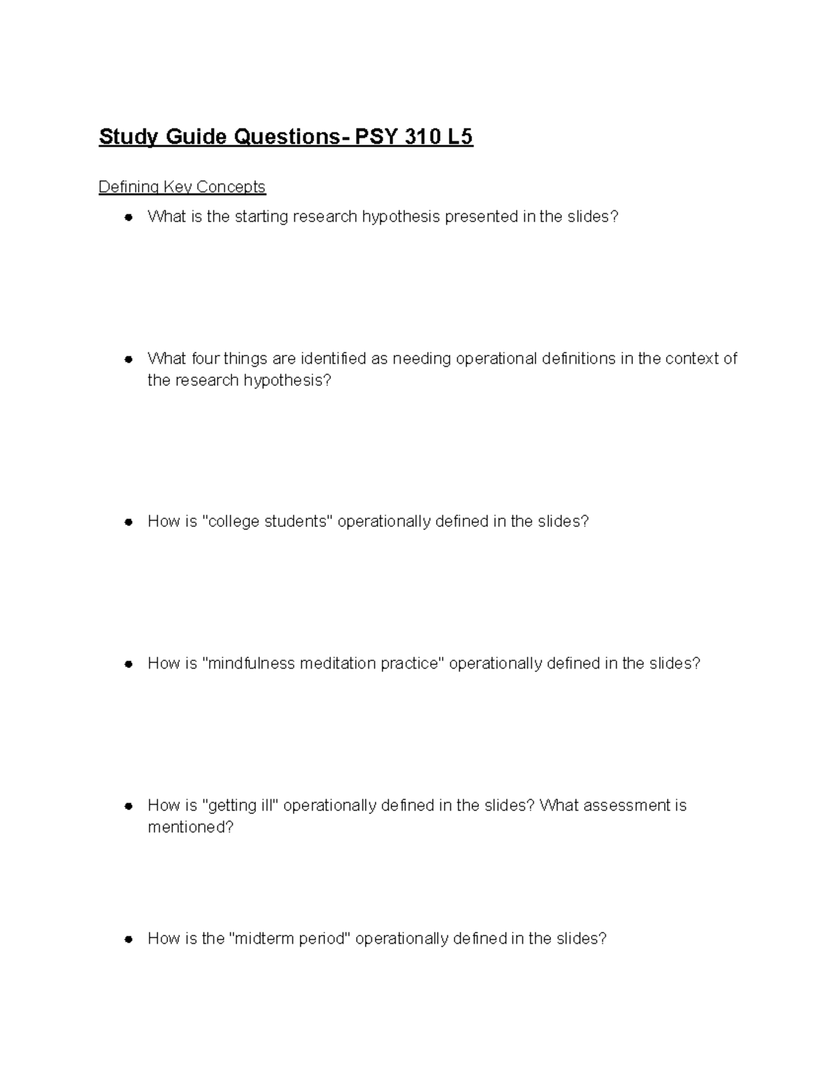 PSY 310- L5 SG - Study guide on the fifth lecture. - Study Guide ...